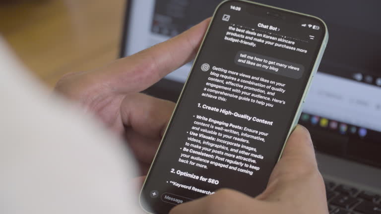 Person holding a smartphone displaying AI-generated content tips, illustrating the concept of generative engine optimisation and how content is created for search and AI-driven results.
