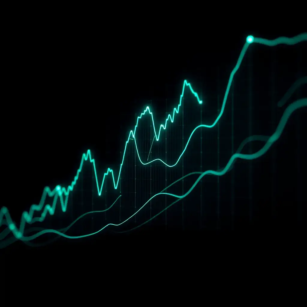 A glowing line chart rising on a dark background
